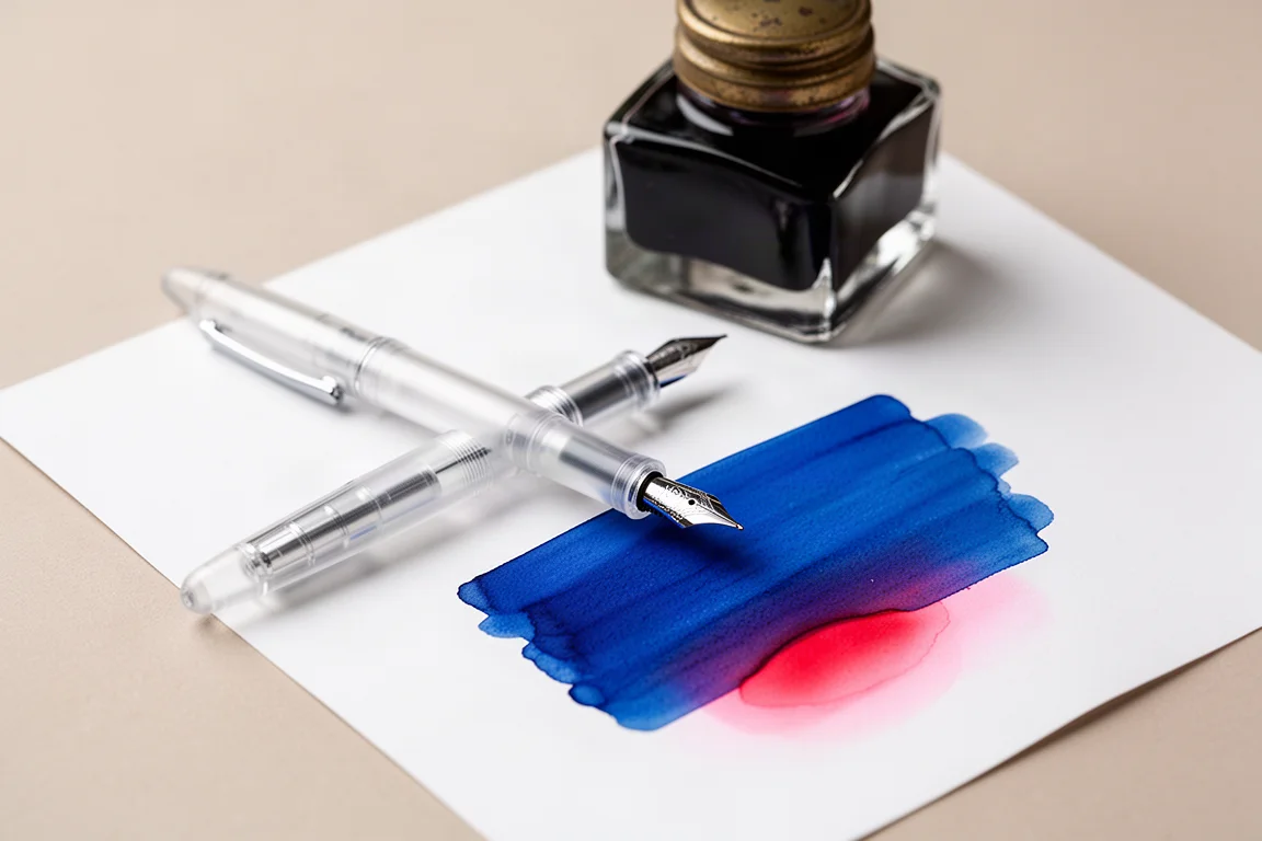 Muestra de tinta permanente azul intenso sobre papel junto a un frasco de tinta
