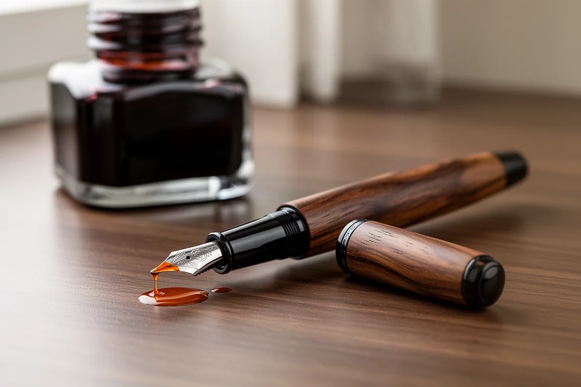 Penna stilografica in legno di pero marrone scuro senza tappo su una scrivania in legno accanto a un flacone di inchiostro