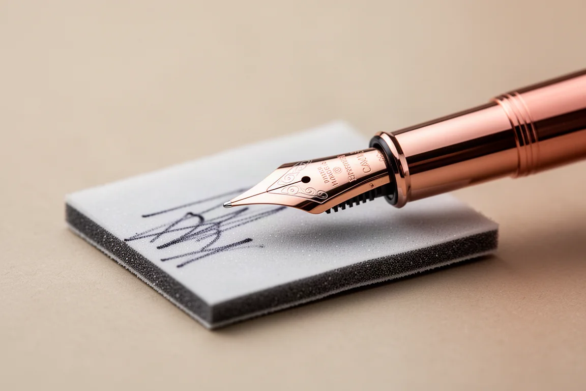 Primo piano di un pennino di penna stilografica levigato su micromesh