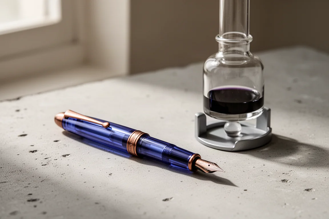 Penna stilografica indaco traslucida con finiture in bronzo appoggiata accanto a un flacone di inchiostro in stile scientifico