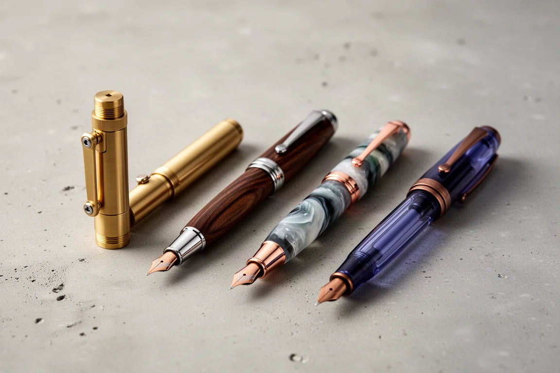 Four fountain pens with different finishes arranged on a concrete surface