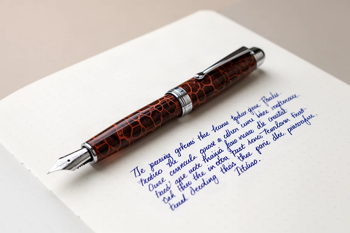Acrylic fountain pen resting on a white dot-grid notebook with blue ink writing