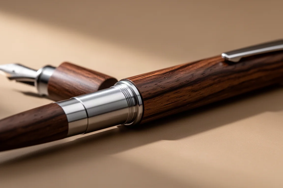 Close-up of a dark brown wooden fountain pen barrel showing its grain