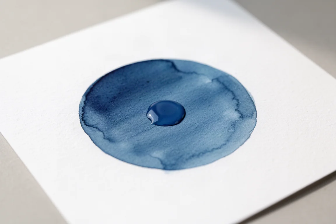 Blue fountain pen ink swatch drying on white paper showing shading