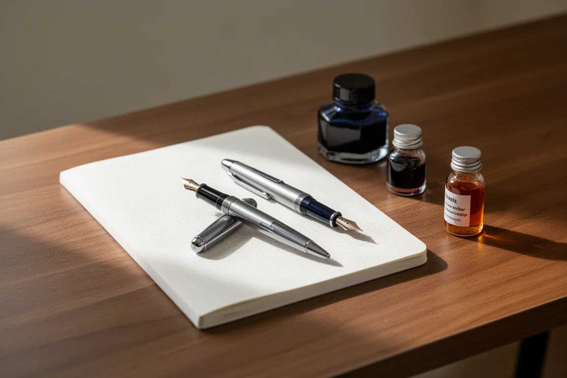 Desk scene with fountain pens, ink bottles, and a notebook ready for writing