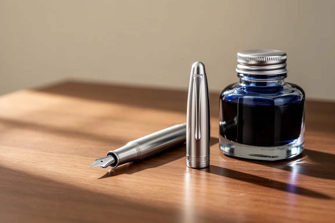 Pluma estilográfica de titanio apoyada en un escritorio de madera junto a una botella de tinta azul