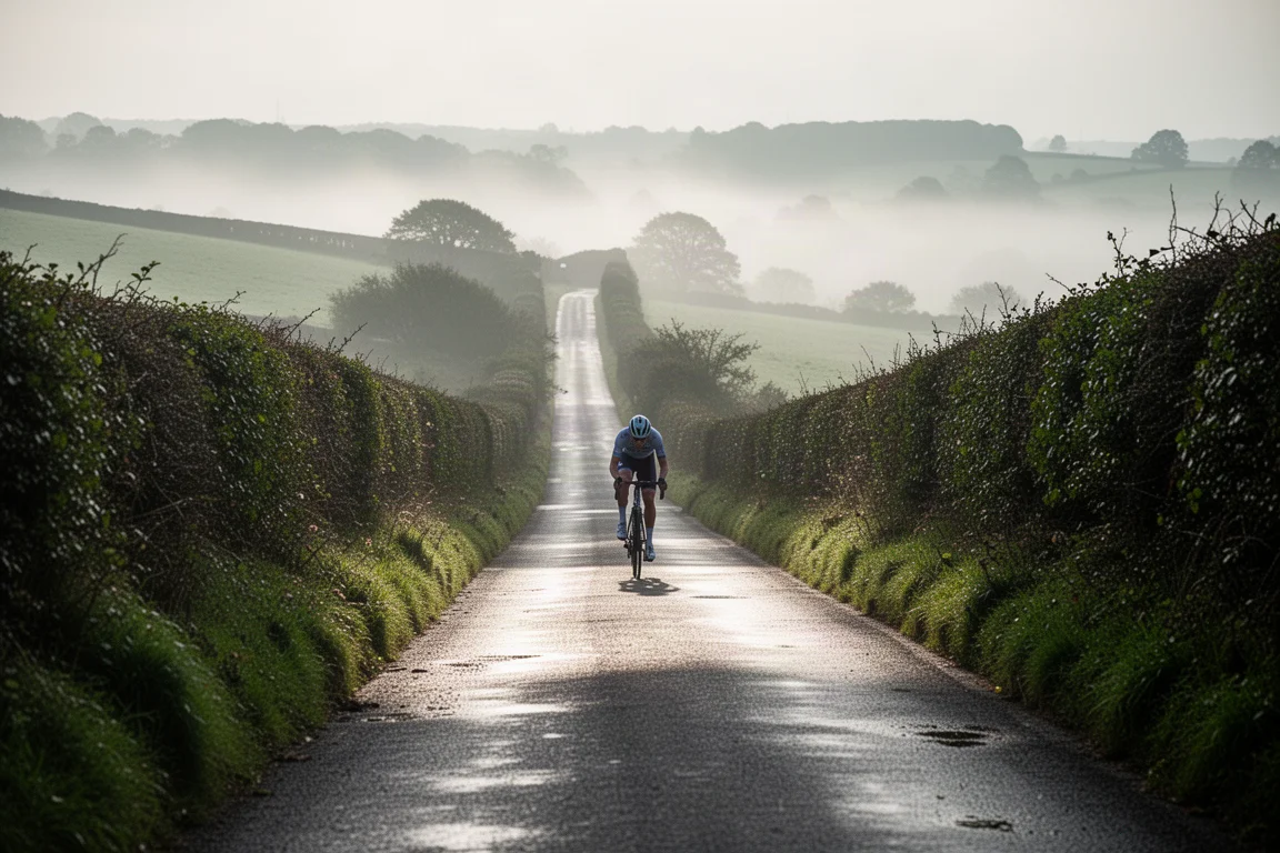Road cyclist climbing a steep lane between hedgerows in early morning light