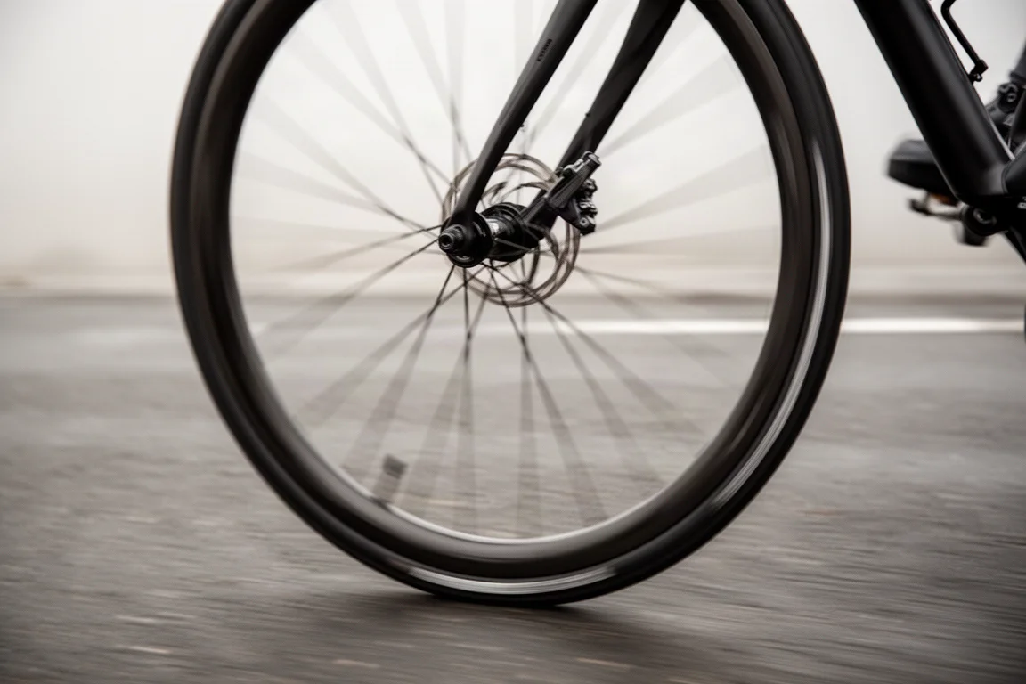 Close-up of a road bike wheel spinning with spokes blurred against tarmac