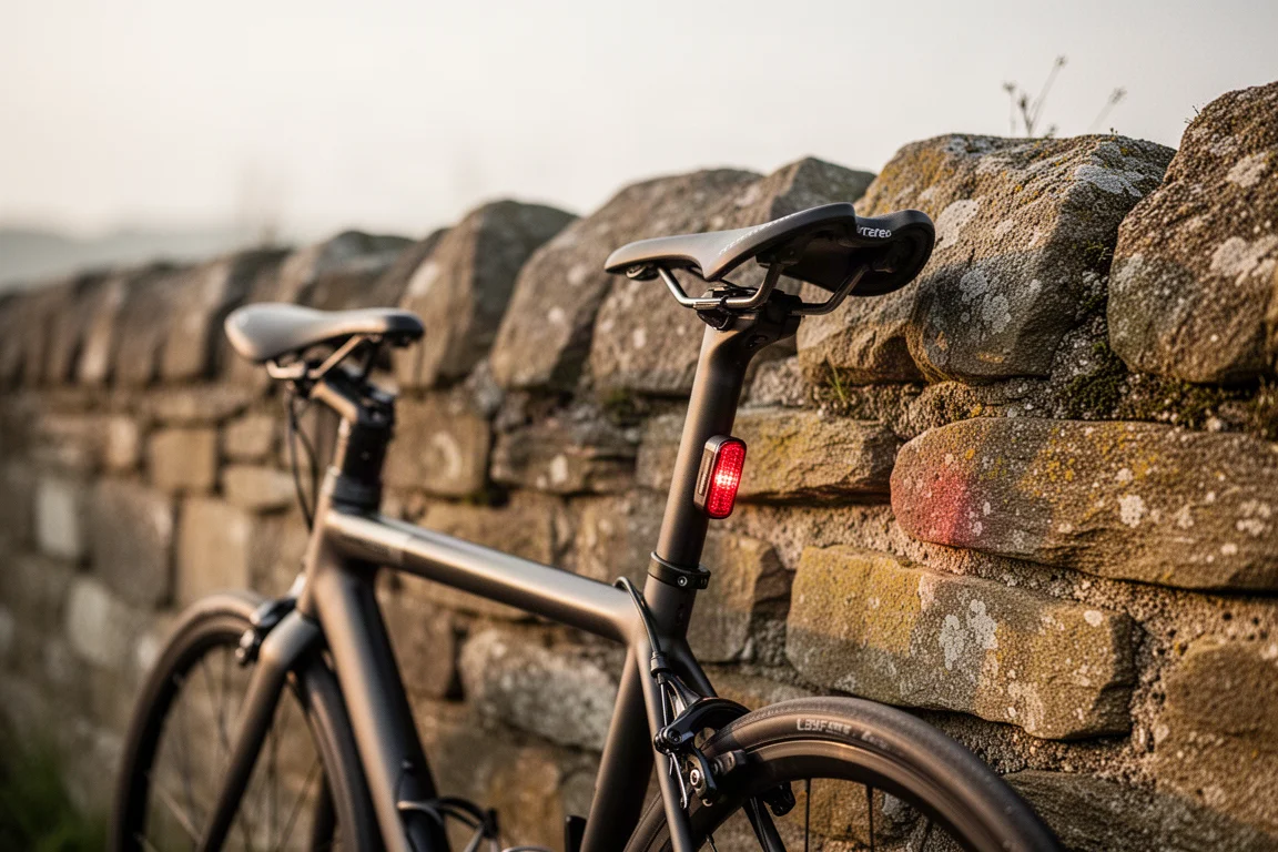 Road bike leaning against a sunlit stone wall with saddle and rear light in view