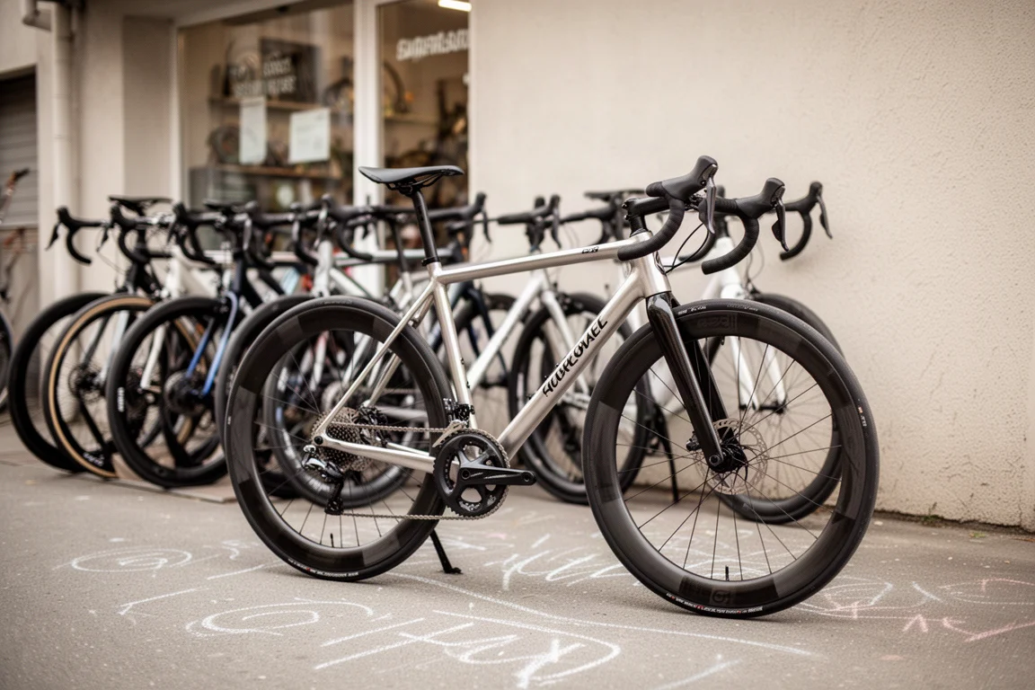 Row of road bikes parked outside a bike shop in soft daylight