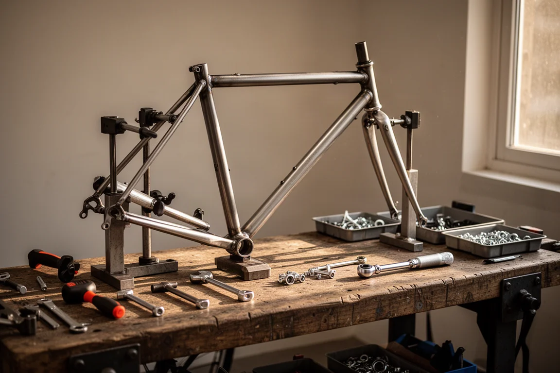 Établi d'atelier de vélo avec un cadre en acier dans un support de réparation et des outils disposés