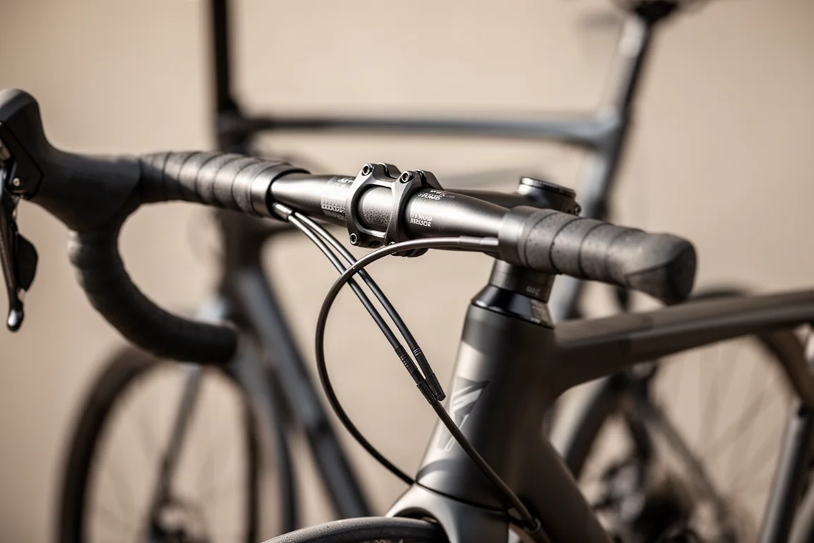 Gros plan sur un cintre de vélo de route avec seulement deux durites hydrauliques visibles
