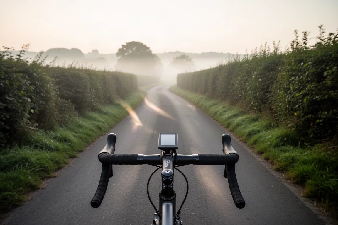 Compteur de vélo monté sur le cintre sur une petite route de campagne à l'aube