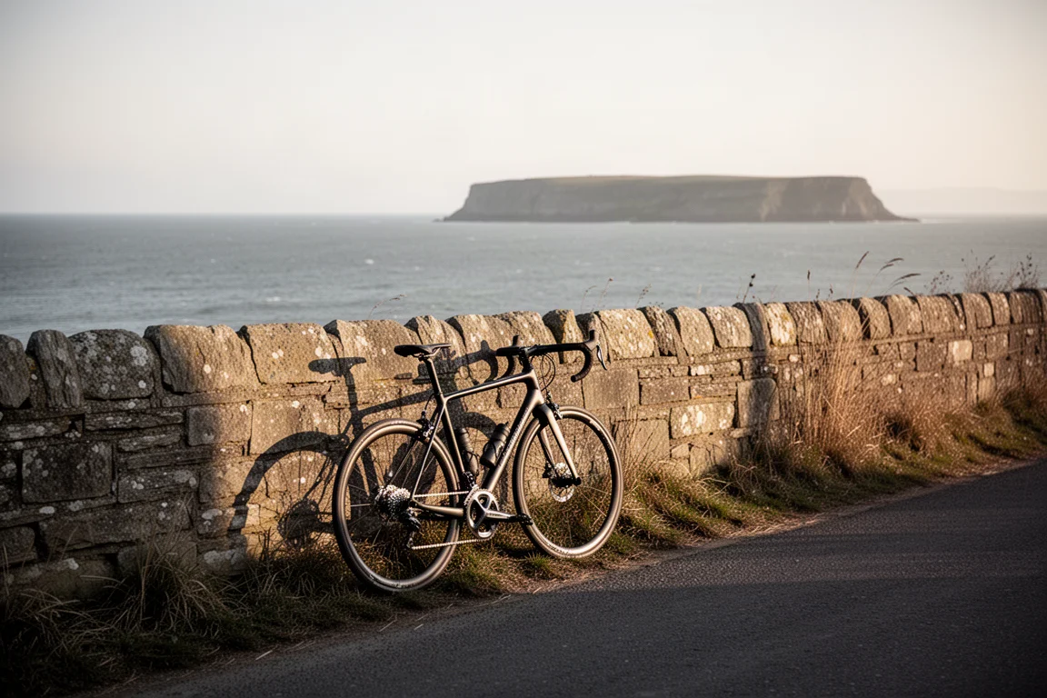Vélo de route appuyé contre un muret de pierre sur une route côtière avec la mer en arrière-plan