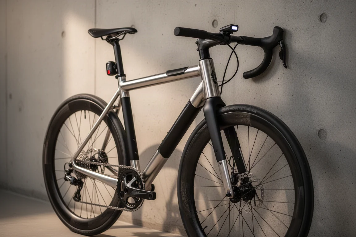 Custom stainless steel road bike with deep section wheels leaning against a concrete wall