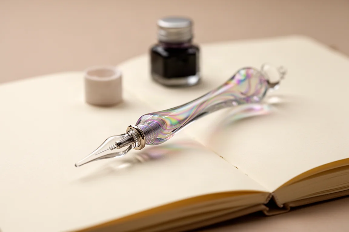 Stylo plume en verre fait main à finition irisée posé sur un carnet