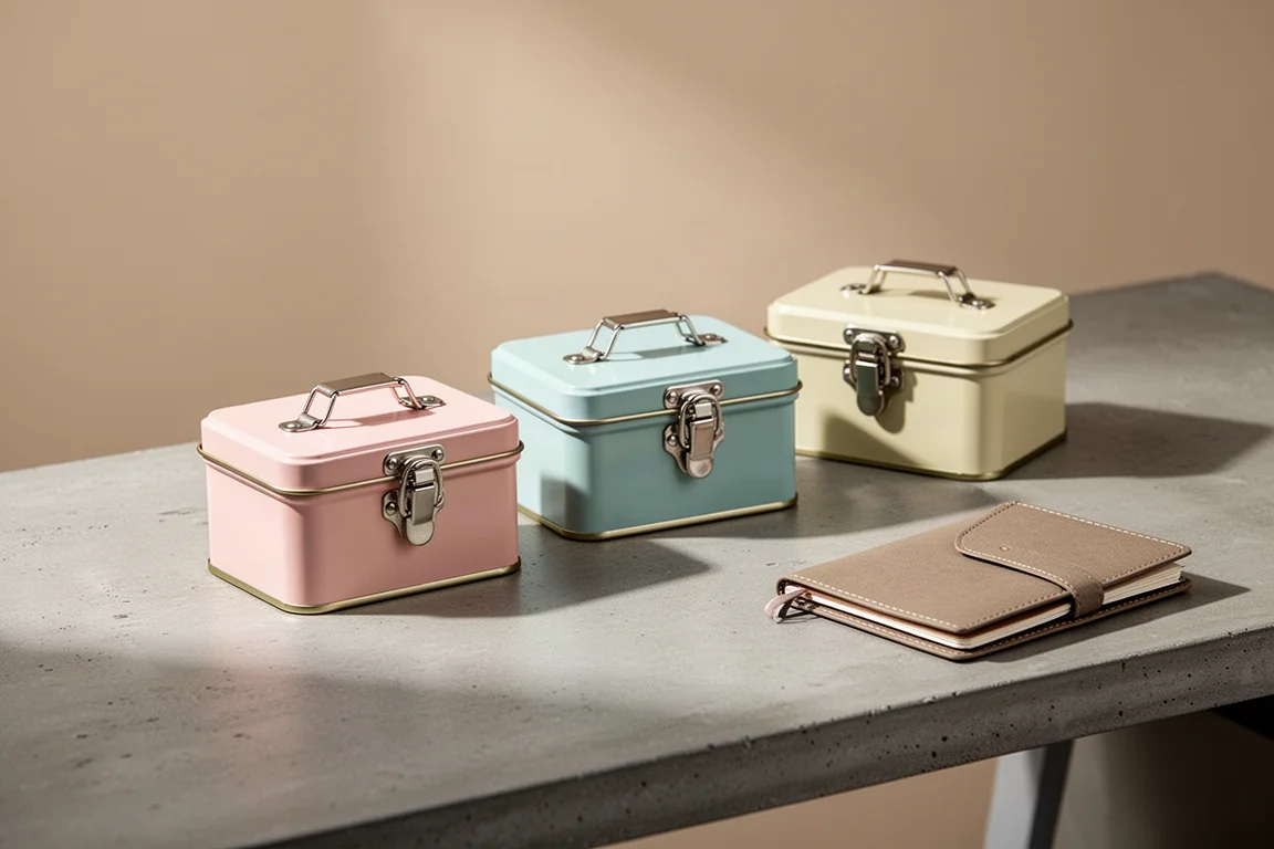 Petites boîtes métalliques aux tons pastel évoquant des caisses à outils anciennes, posées sur un bureau