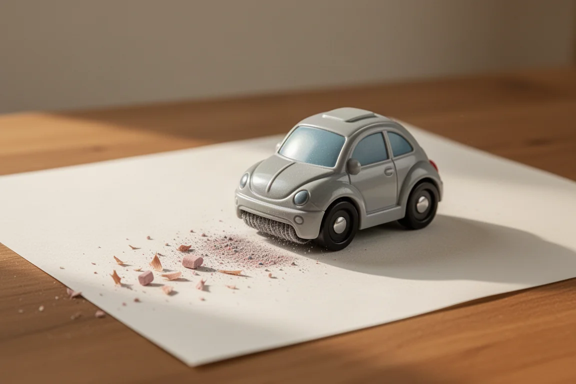 Petit nettoyeur de bureau en forme de voiture-jouet ramassant la poussière de gomme sur le papier