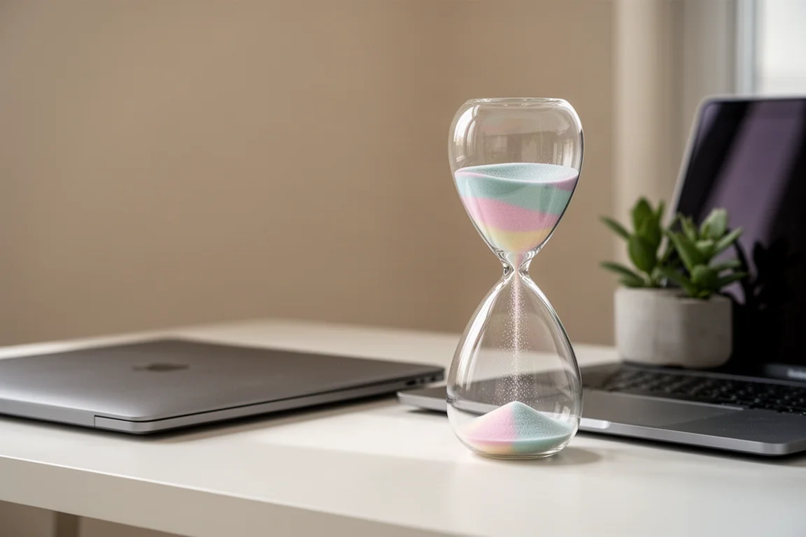 Sablier en verre au sable pastel posé sur un espace de travail bien rangé