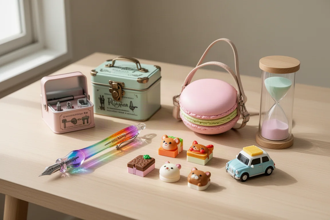 Flat-lay of glass pen, tiny tins, mini bag, puzzle erasers, toy-shaped cleaner, and hourglass on a wooden desk