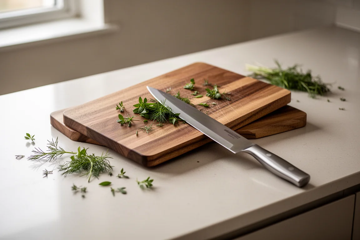 A wooden cutting board slipping sideways on a smooth kitchen countertop