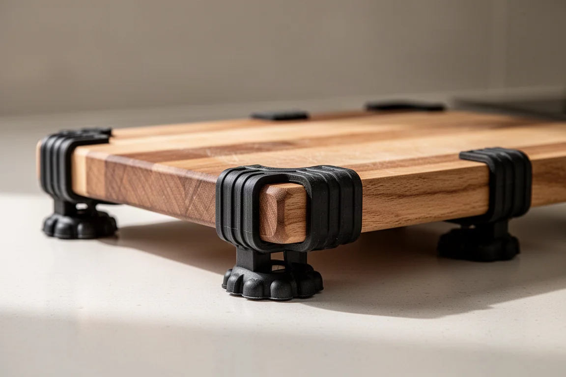 Rubber clip-on feet attached to the edge of a cutting board