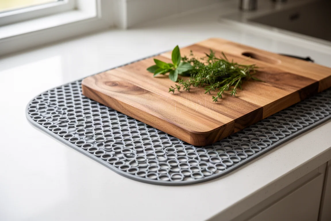 A thin flexible stabilizing mat with ring texture under a cutting board