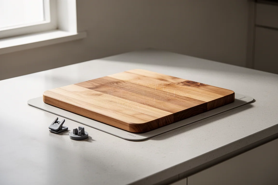 Wooden cutting board on a stabilizing mat with clip-on feet beside it on a grey countertop