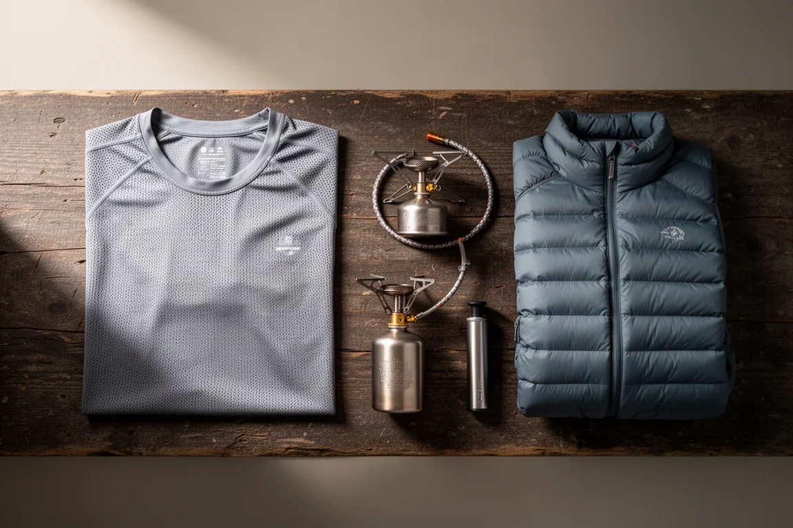Flat-lay of cold-weather camping gear with mesh shirt, stove, pump and down sweater