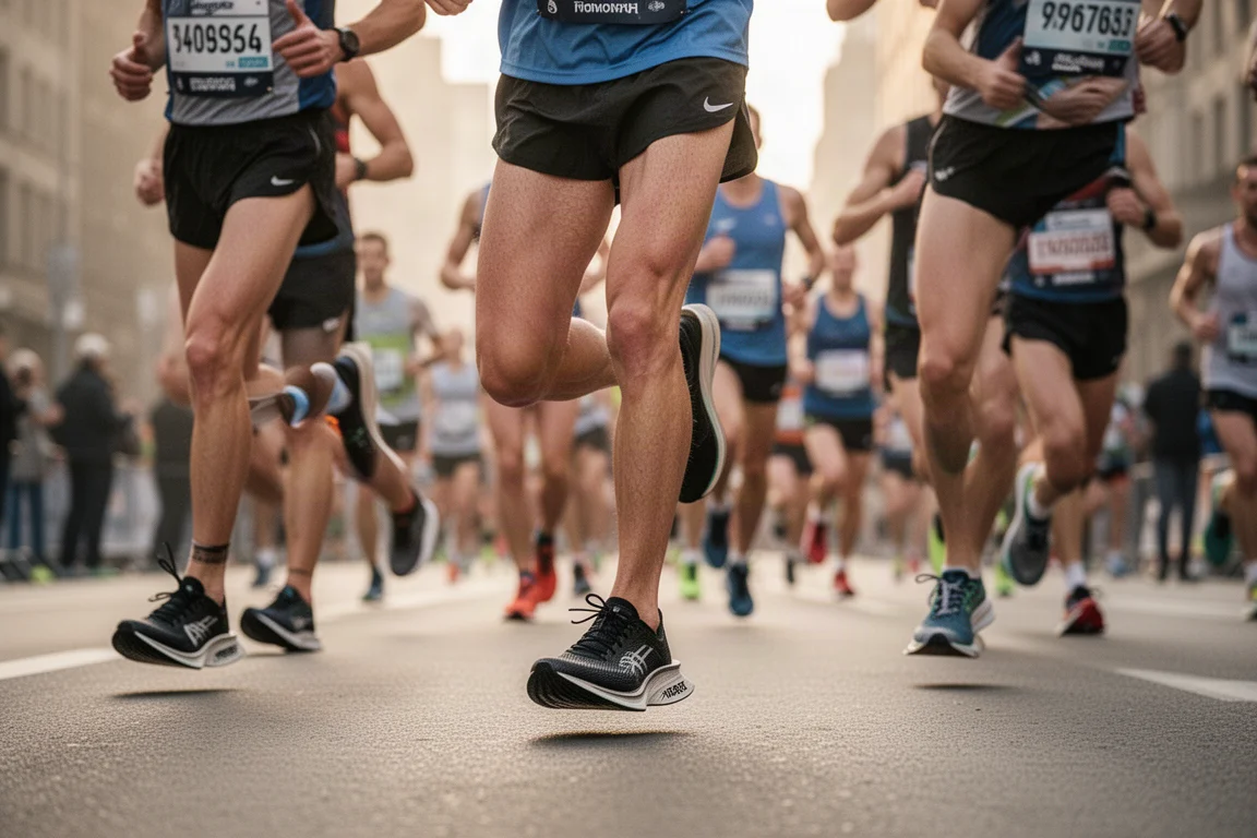 Corredor de maratona com tênis de placa de carbono no início de uma corrida urbana