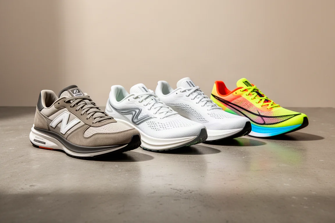 A lineup of modern running shoes including daily trainers and race shoes on a concrete surface