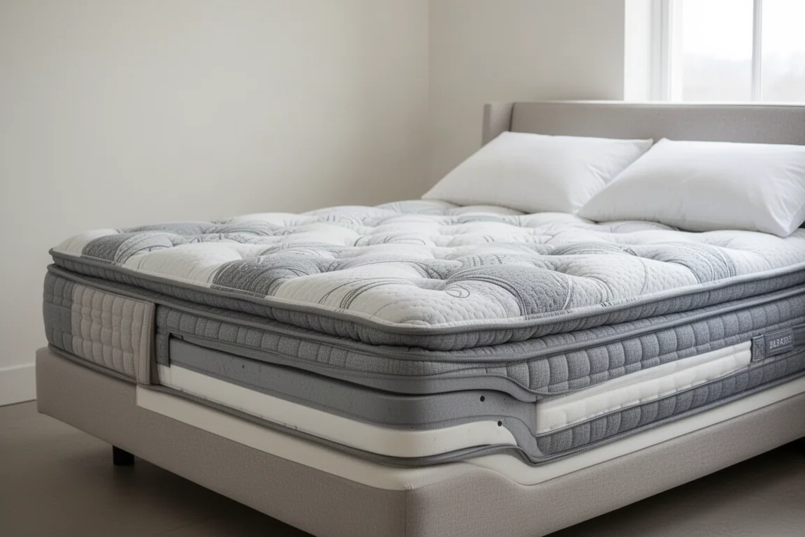 Un colchón híbrido con capas y pillow top sobre una cama bien hecha con luz suave