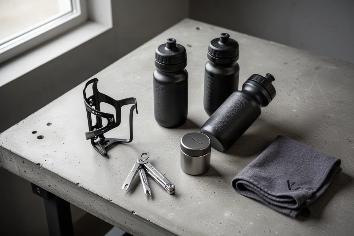 Overhead flat-lay of cycling bottles, a side-entry cage and a small container on a concrete workbench