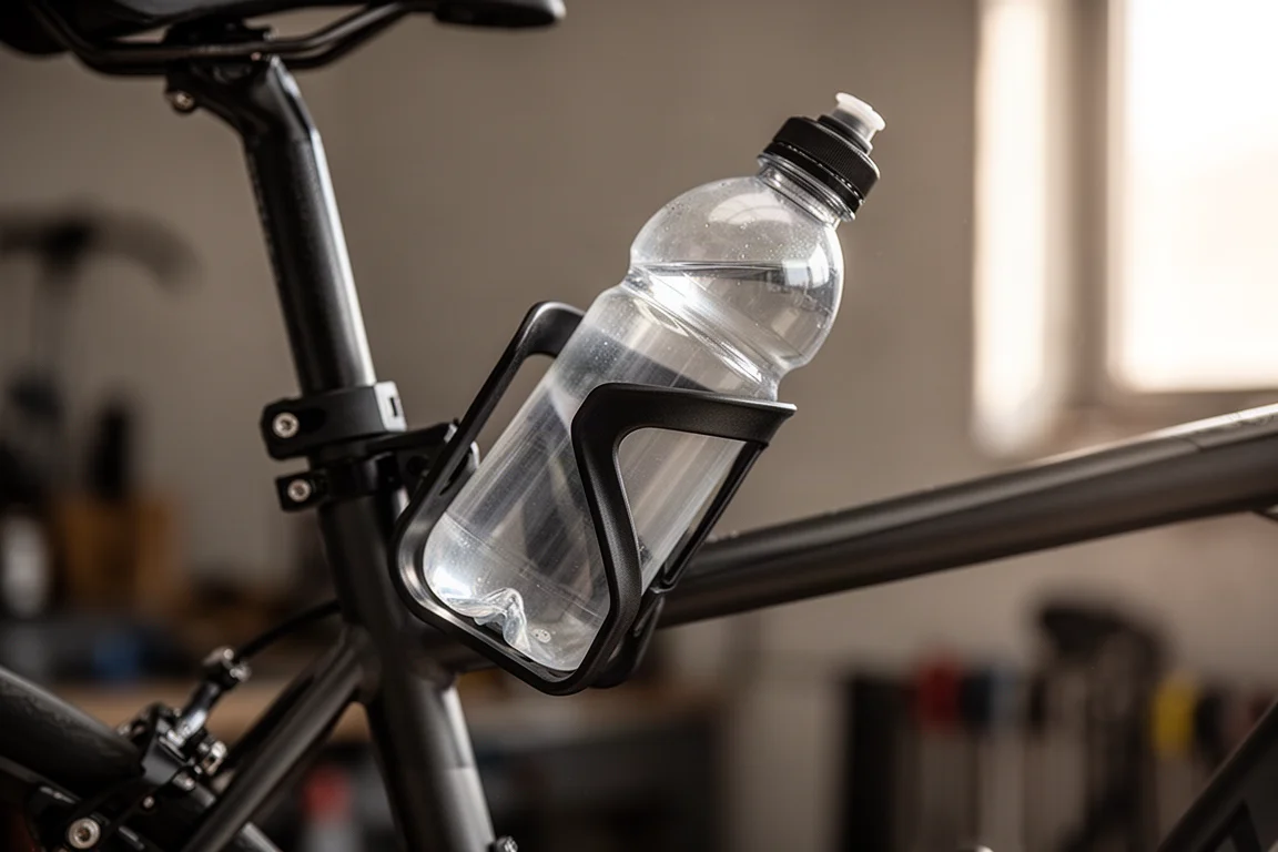 Close-up of a side-entry bottle cage mounted on a bike frame holding a bottle at an angle