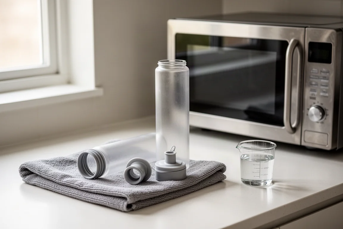 Disassembled water bottle, lid and nozzle drying on a towel beside a microwave