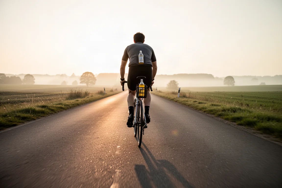 Cyclist riding on an open road at golden hour with a bottle seated in a frame cage