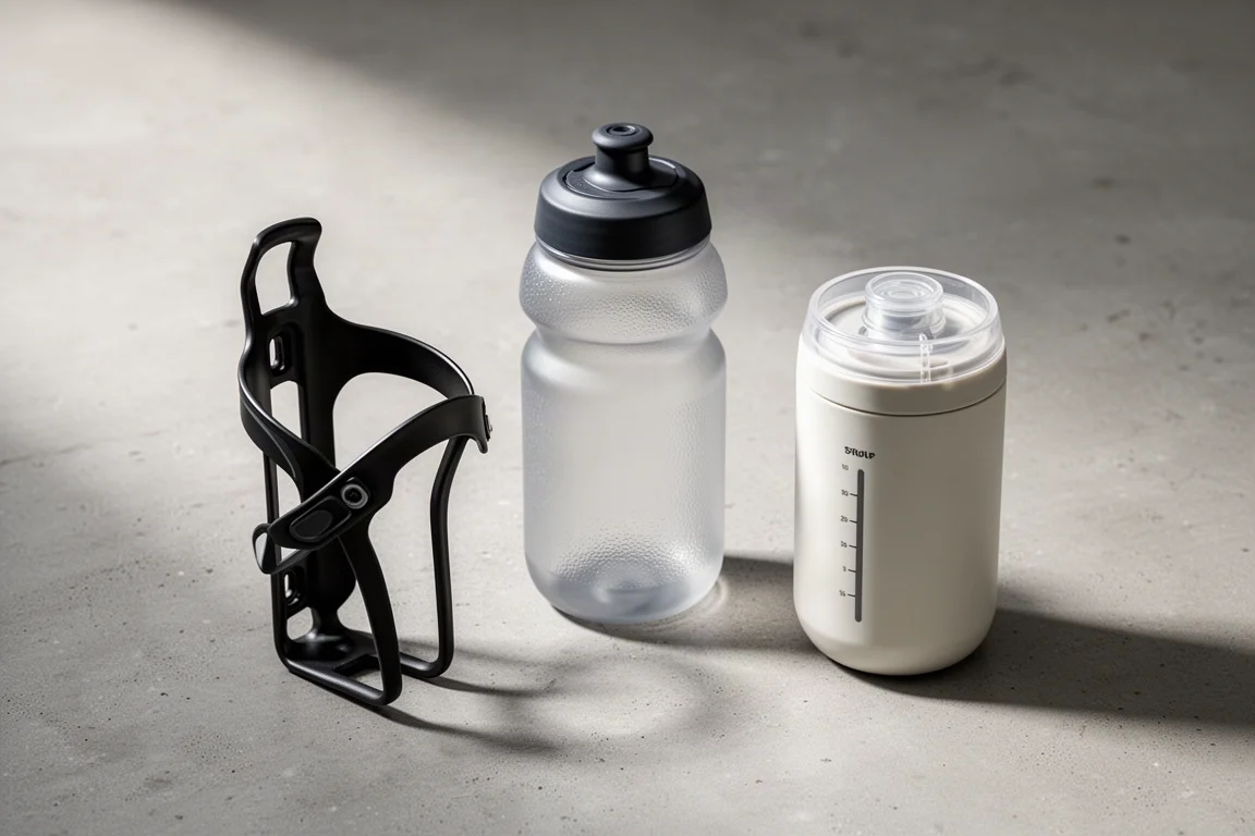 Side-entry bottle cage, textured cycling bottle and bottle sterilizer on a concrete surface