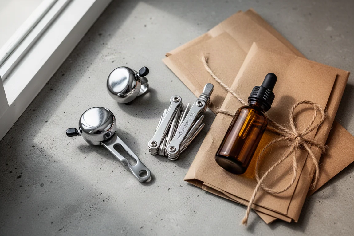 Piccoli accessori da ciclismo disposti in flat lay accanto a carta kraft piegata e spago