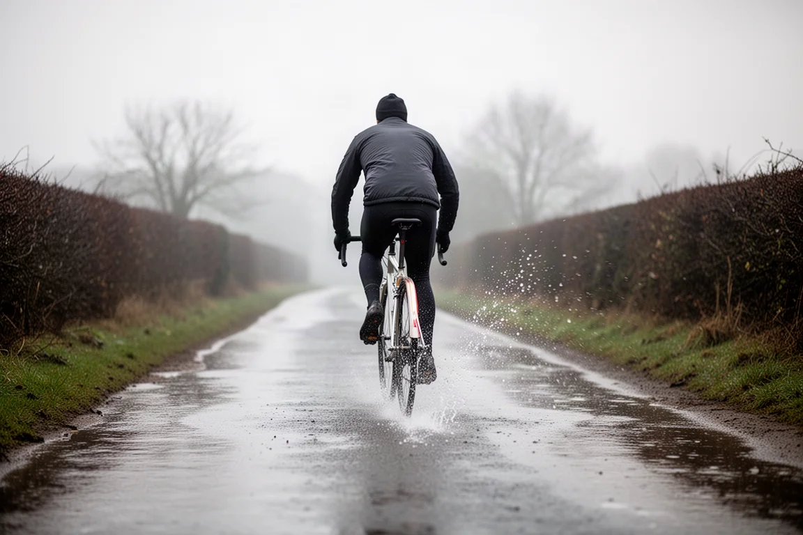 Ciclista su una strada invernale bagnata con spruzzi sollevati dietro la ruota posteriore