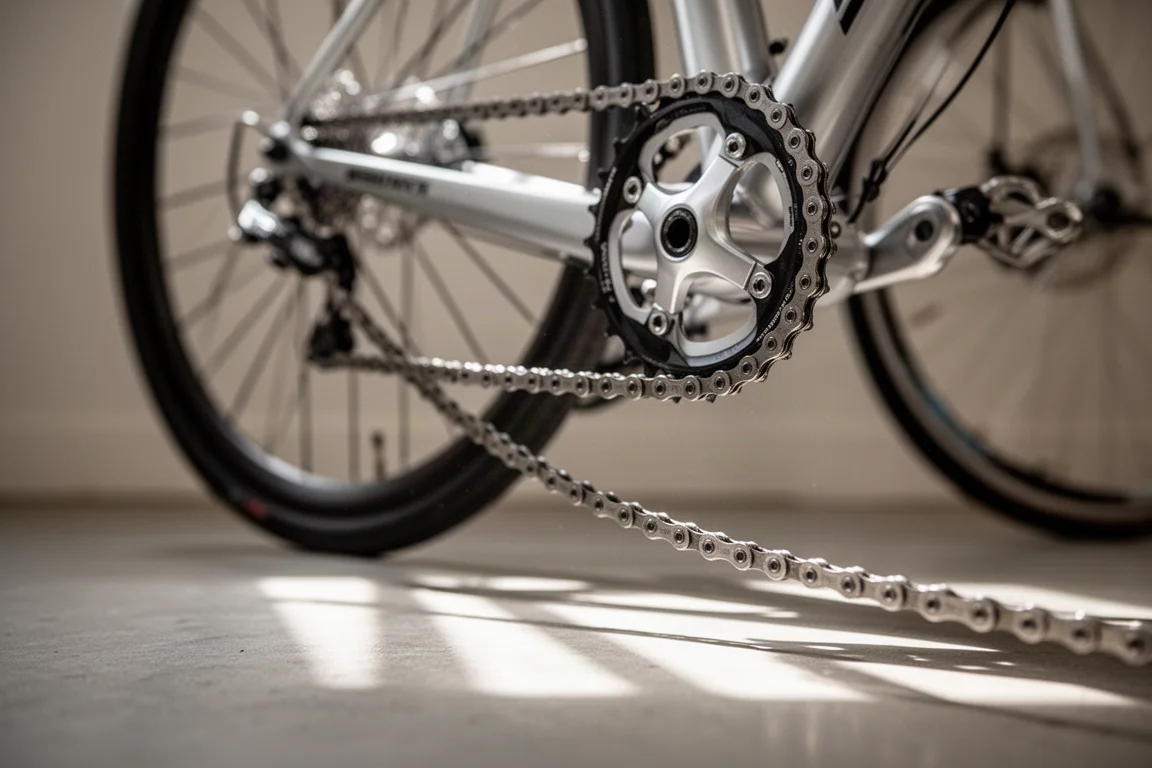 Primo piano di una catena di bicicletta pulita che scorre su una guarnitura