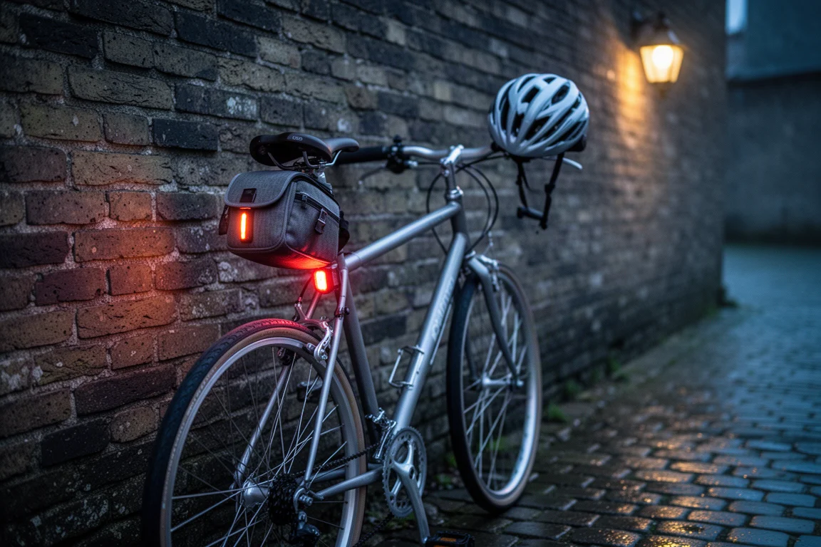 Bicicletta appoggiata a un muro di mattoni al crepuscolo con la luce posteriore accesa
