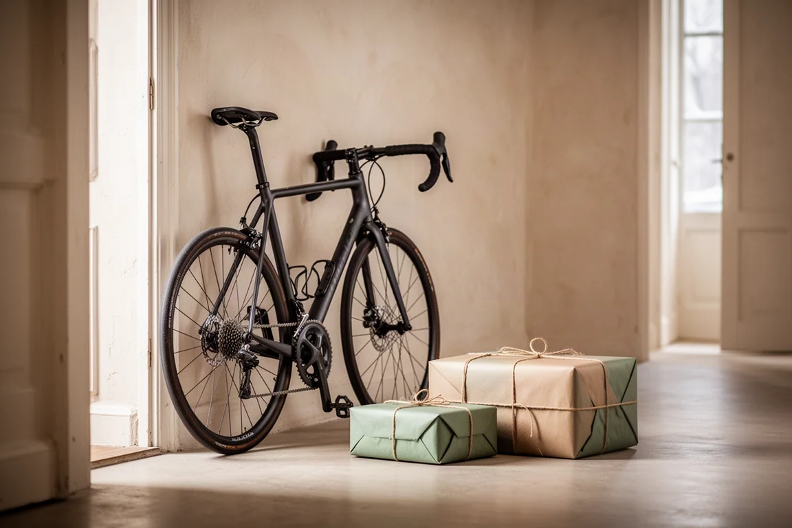Vélo de route posé dans un couloir chaleureux à côté de deux colis de Noël emballés