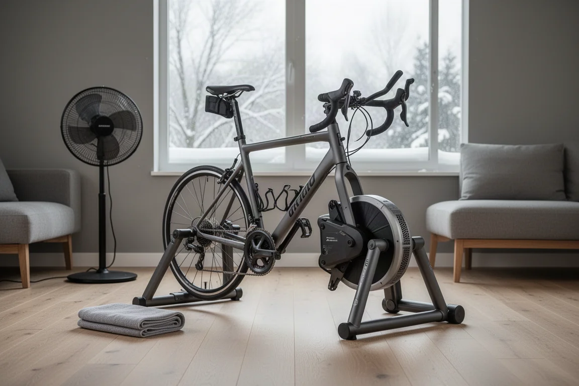 Home trainer installé dans un salon, avec un ventilateur et une serviette posés à côté