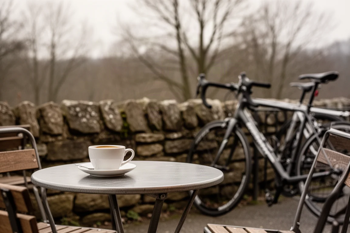 Cycliste en pause à une table de café en extérieur, avec une tasse de café et un vélo garé