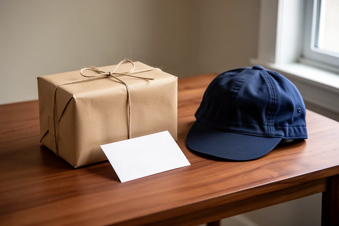 Colis emballé et petite enveloppe sur une table en bois, à côté d'une casquette de cyclisme
