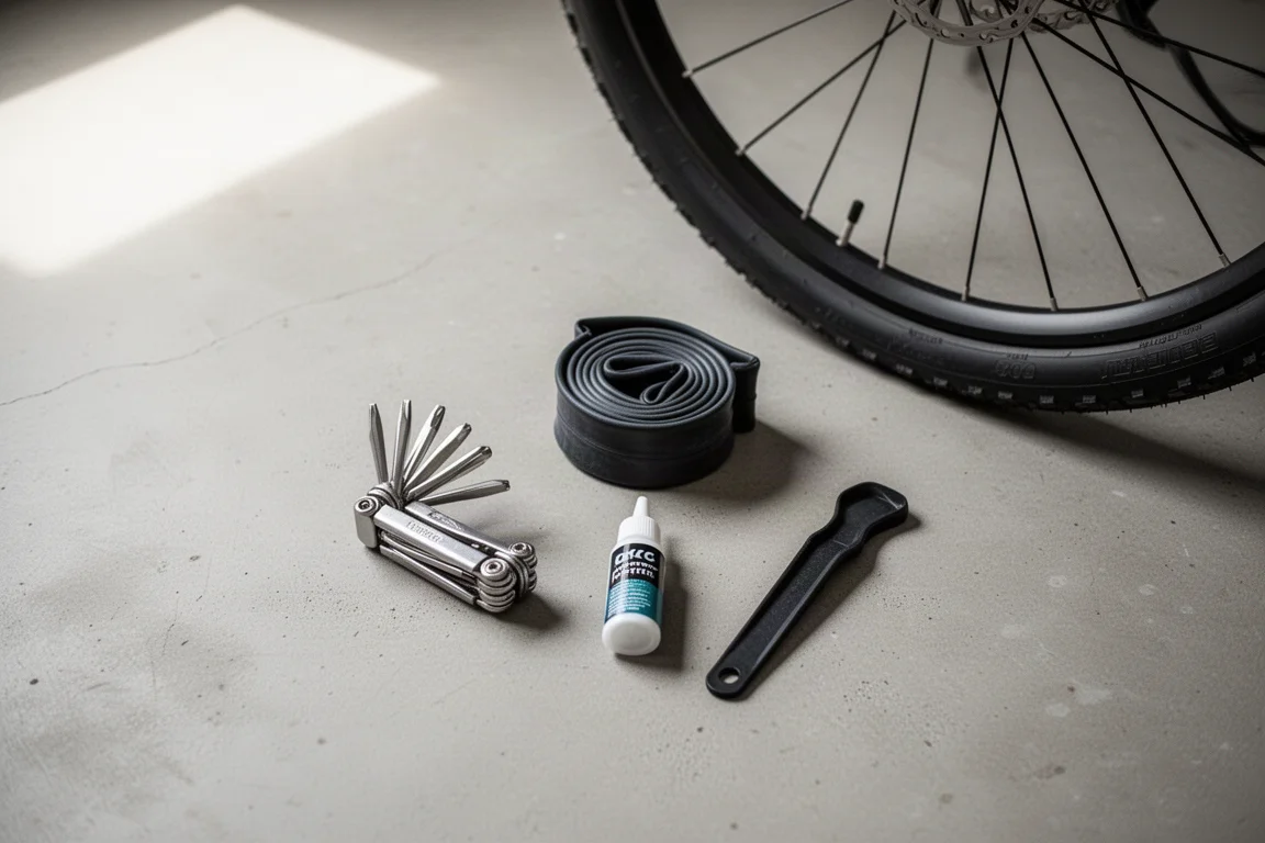 Van bovenaf gefotografeerde fietsonderdelen, waaronder een multitool, binnenband, smeerolieflesje en bandenlichter