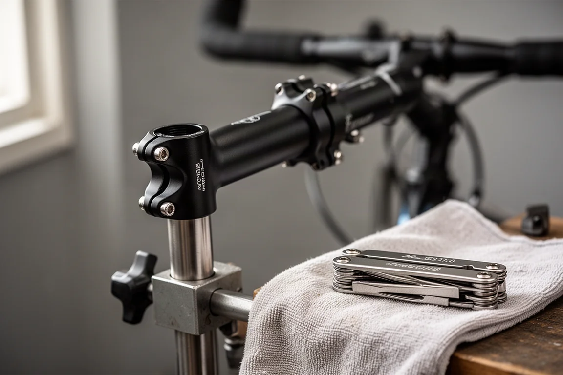 Fietsstuurpen en stuurpenklem op een reparatiestandaard met een opvouwbare multitool ernaast