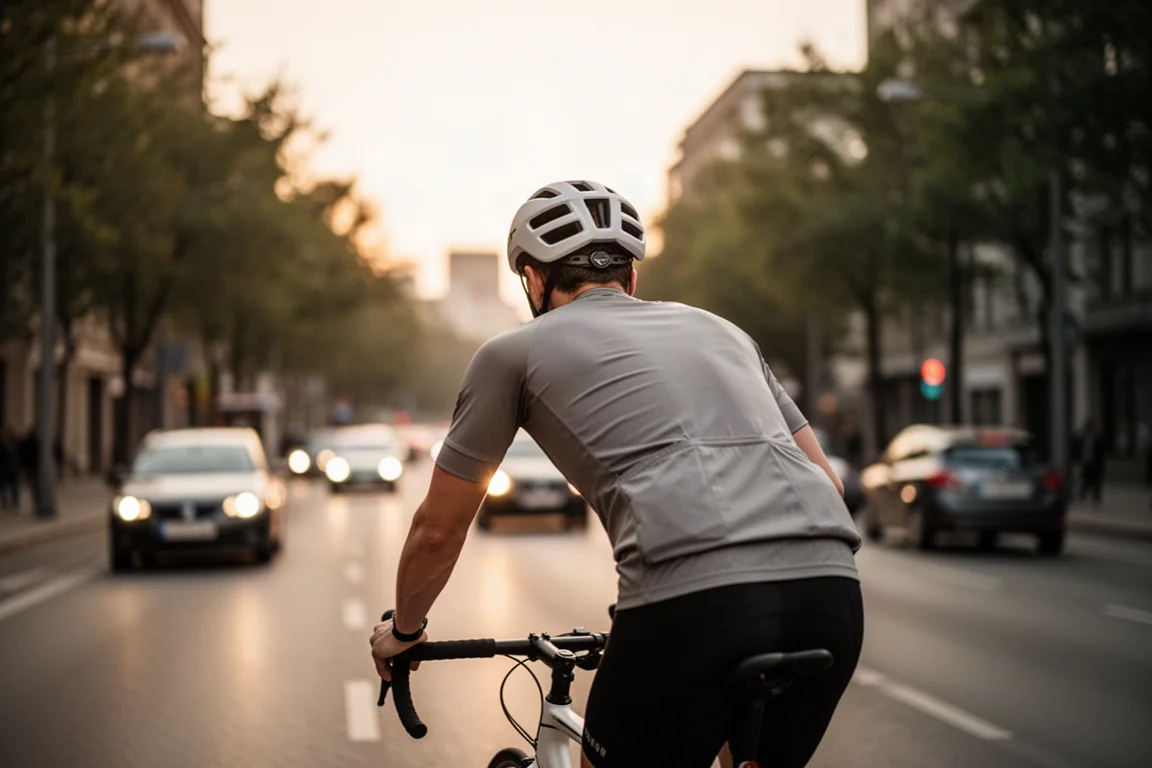 Fietser op een stadsweg tijdens het gouden uur met een geventileerde helm, van achteren gezien