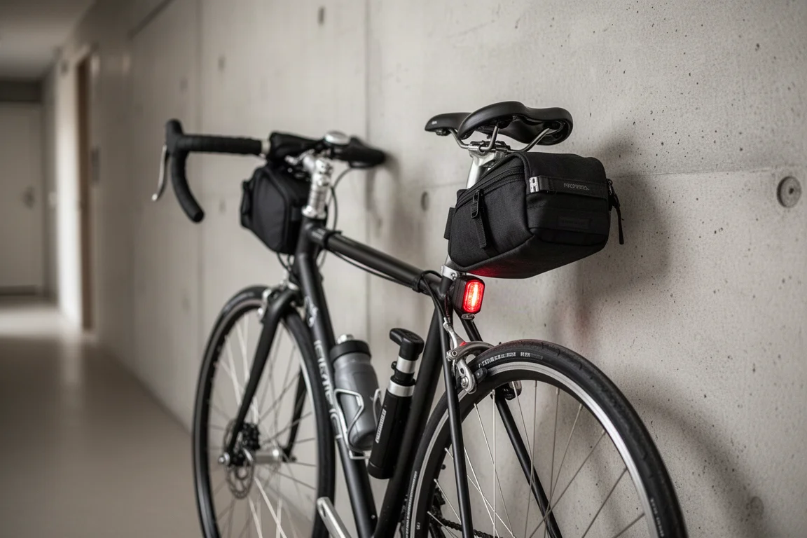 Fiets tegen een betonnen muur met een zadeltas, framepomp en achterlicht
