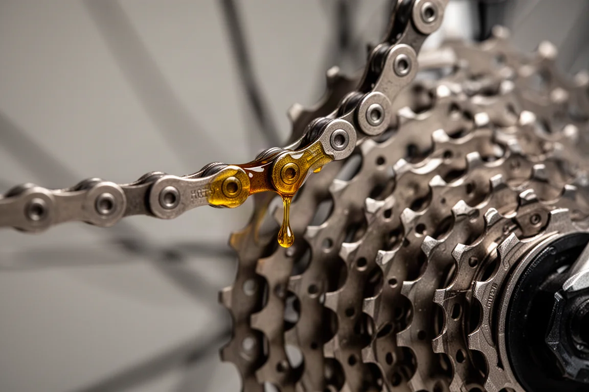 Närbild på en cykelkedja som smörjs med en liten flaska